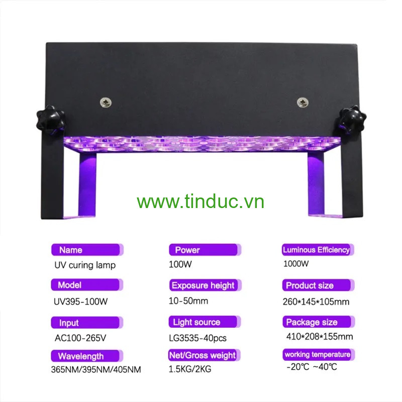 Đèn tia UV công suất lớn dùng cho công nghiệp Terino D100W-UV (395nm, 100W, sấy keo UV, mực UV)- Hàng chính hãng