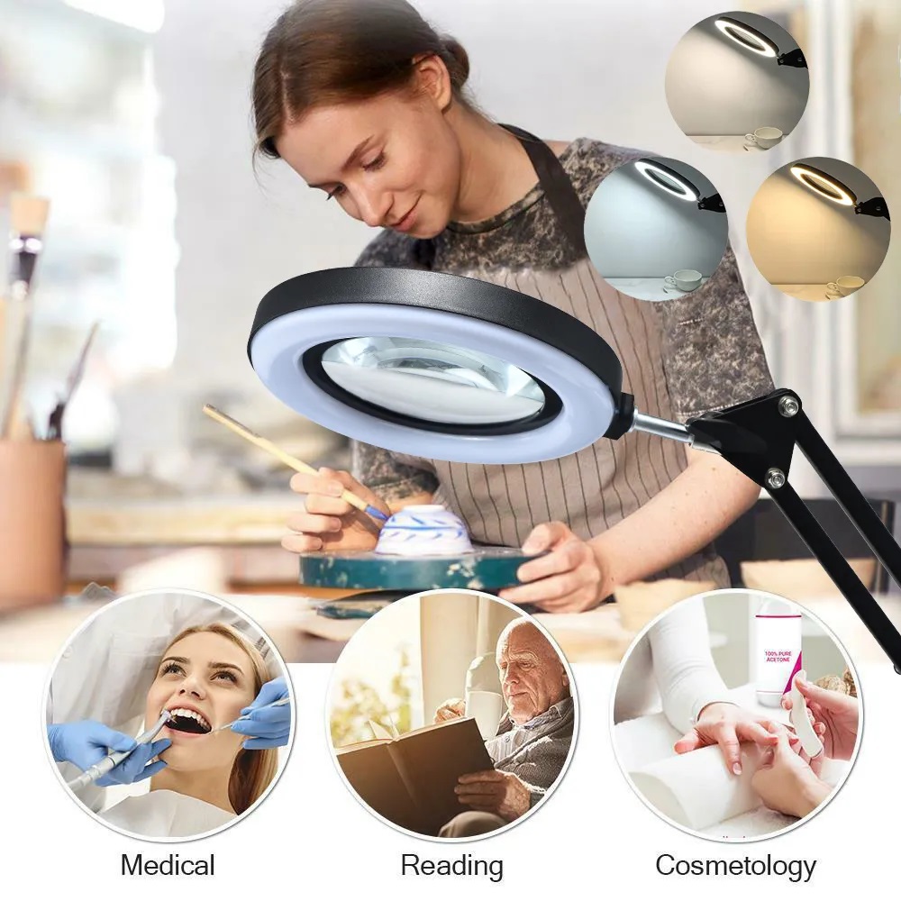 Kính lúp gắn bàn có đèn TERINO DE-5XW (phóng đại 5X, Led, màu trắng) - Hàng chính hãng
