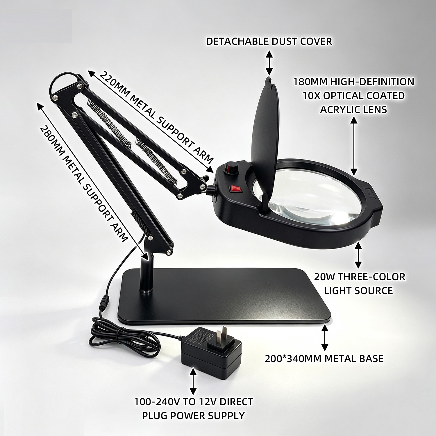 Kính lúp để bàn đường kính lớn TERINO DE-80B (phóng đại 10X, đường kính 180mm, đèn Led, đa năng để bàn hoặc kẹp bàn, màu đen) - Hàng chính hãng