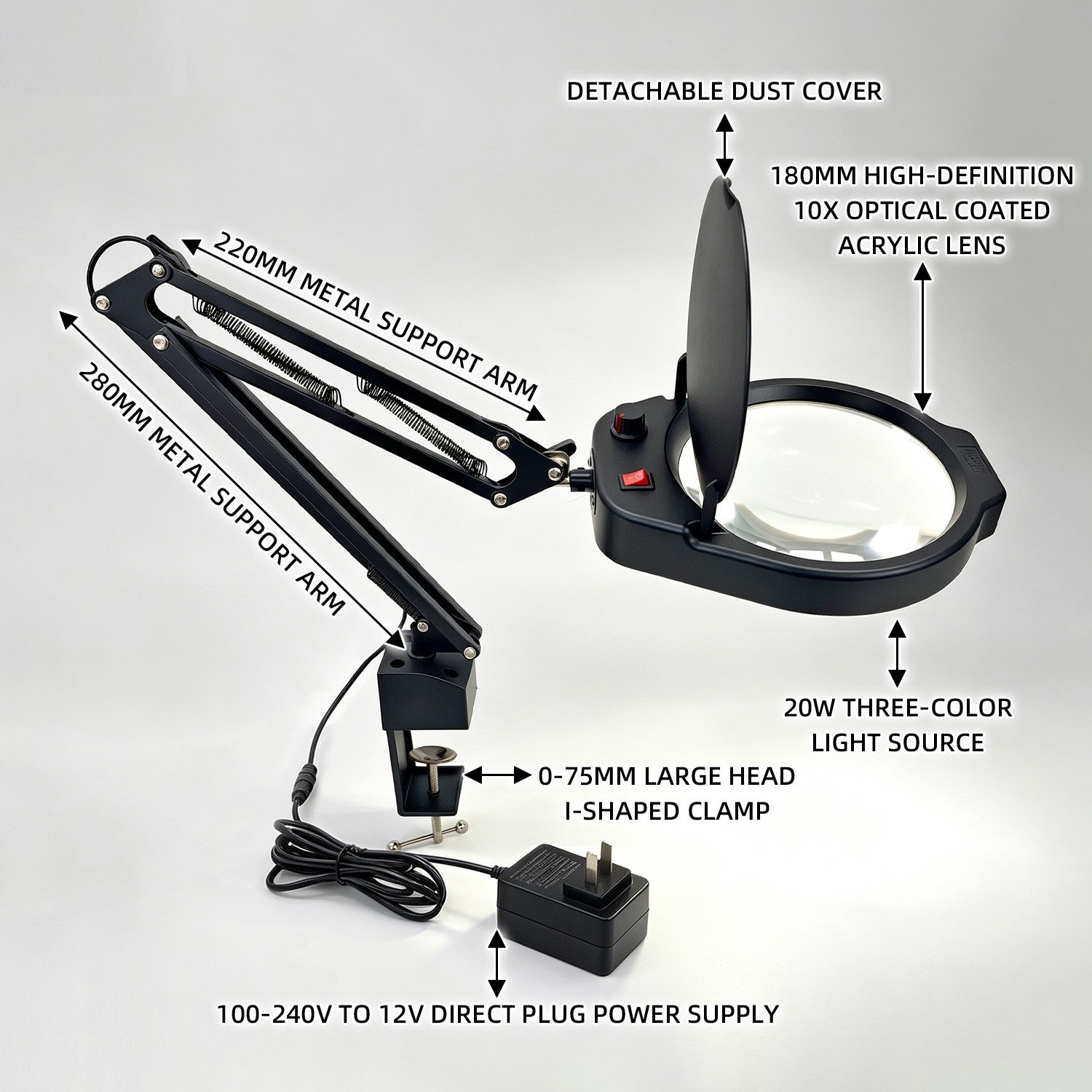 Kính lúp kẹp bàn đường kính lớn TERINO DE-80B (Loại kẹp bàn, phóng đại 10X, đường kính 180mm, đèn Led, màu đen) - Hàng chính hãng