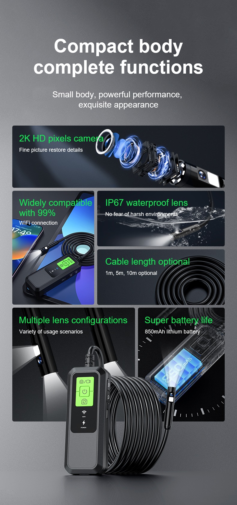 Thiết bị camera soi khe hẹp wifi Terino HD600 (Dây 5 mét, kết nối WiFii, HD, đường kính 7.9 mm, Camera nội soi công nghiệp) - Hàng chính hãng