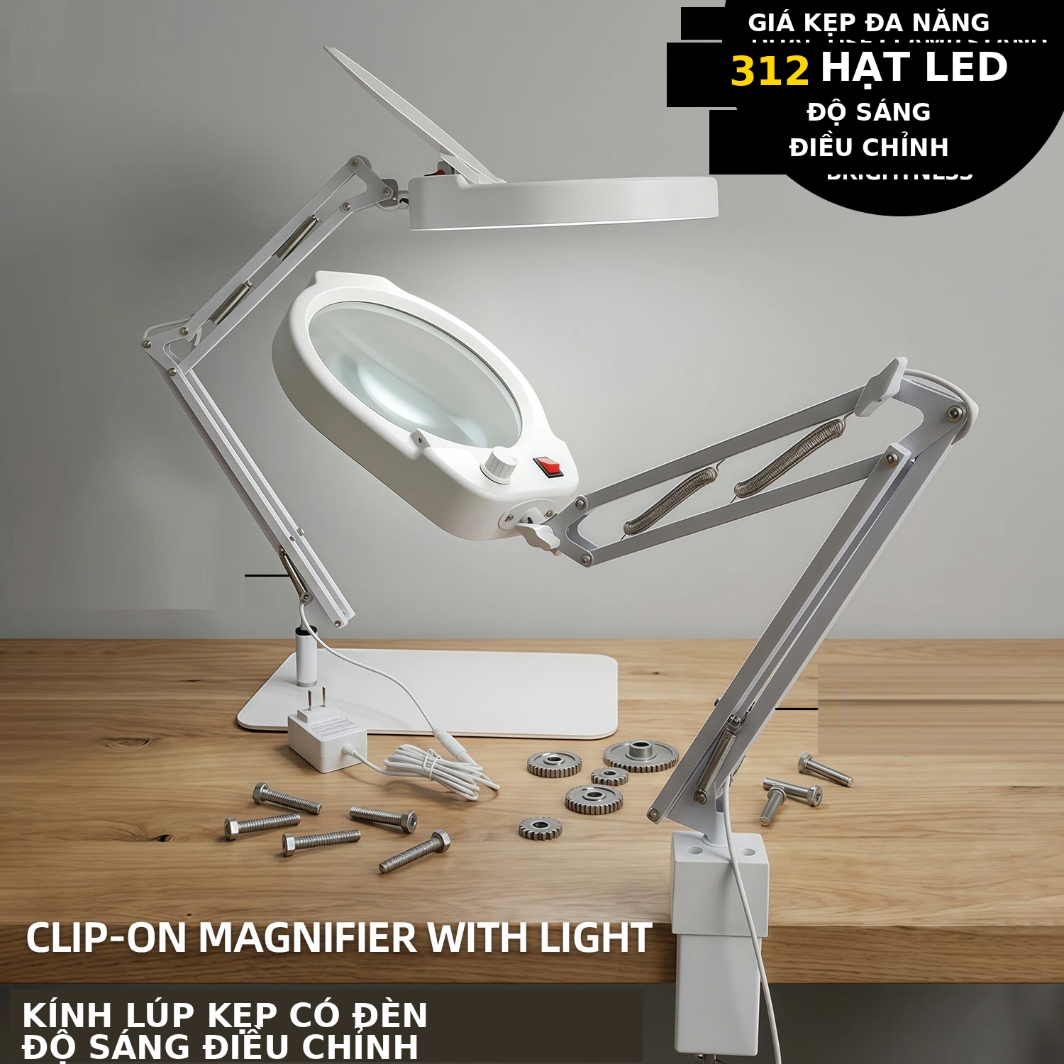 Kính lúp để bàn đường kính lớn TERINO DE-80W (phóng đại 10X, đường kính 180mm, đèn Led, đa năng để bàn hoặc kẹp bàn, màu trắng) - Hàng chính hãng