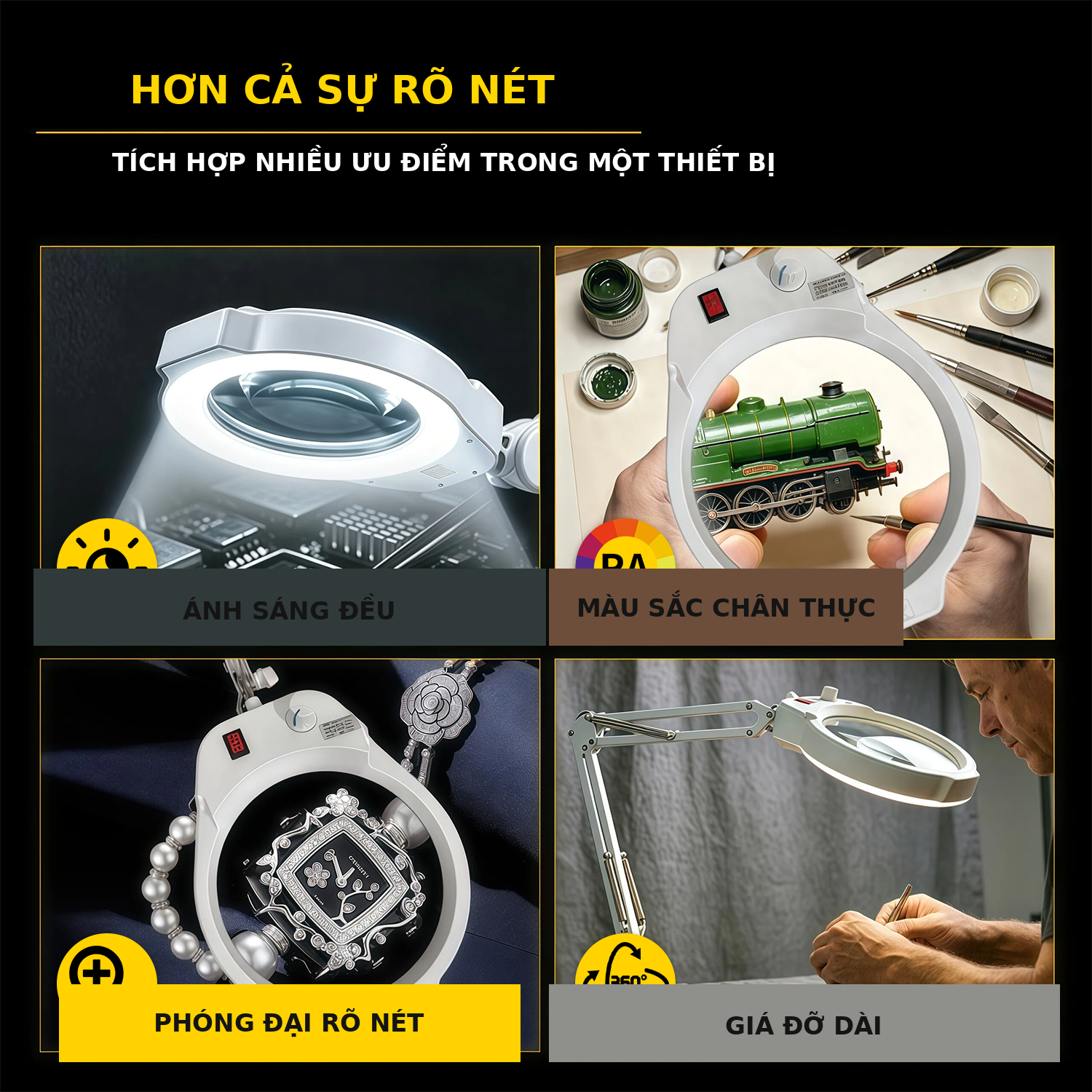 Kính lúp để bàn đường kính lớn TERINO DE-80B (phóng đại 10X, đường kính 180mm, đèn Led, đa năng để bàn hoặc kẹp bàn, màu đen) - Hàng chính hãng