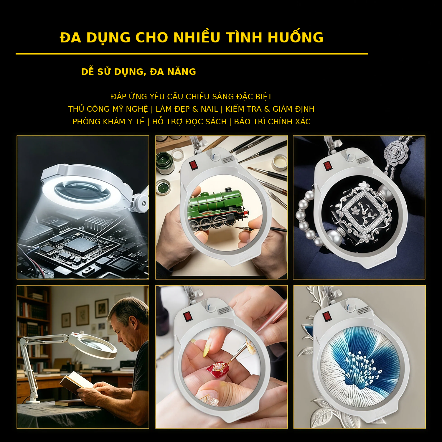 Kính lúp để bàn đường kính lớn TERINO DE-80B (phóng đại 10X, đường kính 180mm, đèn Led, đa năng để bàn hoặc kẹp bàn, màu đen) - Hàng chính hãng