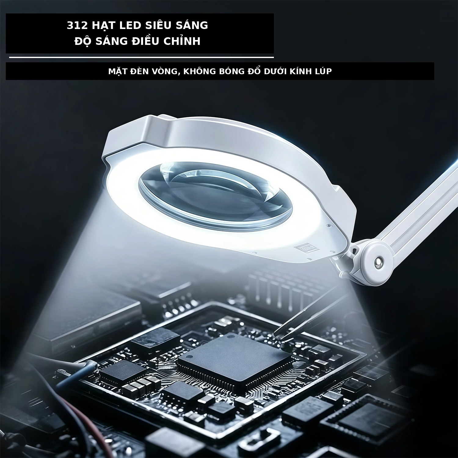 Kính lúp để bàn đường kính lớn TERINO DE-80W (phóng đại 10X, đường kính 180mm, đèn Led, đa năng để bàn hoặc kẹp bàn, màu trắng) - Hàng chính hãng