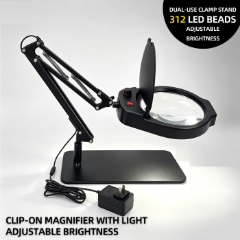 Kính lúp để bàn đường kính lớn TERINO DE-80B (phóng đại 10X, đường kính 180mm, đèn Led, đa năng để bàn hoặc kẹp bàn, màu đen) - Hàng chính hãng